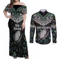 Custom New Zealand Couples Matching Off Shoulder Maxi Dress and Long Sleeve Button Shirt Maori Rugby Tattoo Papua Shell LT9 Green - Polynesian Pride