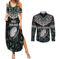 Custom New Zealand Couples Matching Summer Maxi Dress and Long Sleeve Button Shirt Maori Rugby Tattoo Papua Shell LT9 Green - Polynesian Pride