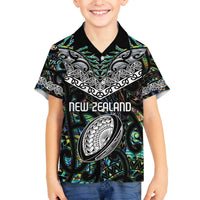 Custom New Zealand Family Matching Off The Shoulder Long Sleeve Dress and Hawaiian Shirt Maori Rugby Tattoo Papua Shell LT9 Son's Shirt Green - Polynesian Pride