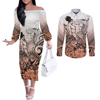 Beauty and The Warrior Polynesian Valentine Couples Matching Off The Shoulder Long Sleeve Dress and Long Sleeve Button Shirt Hibiscus FLowers Orange Style LT9 Orange - Polynesian Pride