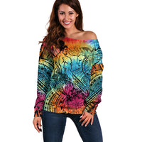 Beauty and The Warrior Polynesian Valentine Off Shoulder Sweater Hibiscus FLowers Rainbow Style LT9 Women Rainbow - Polynesian Pride