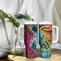 Beauty and The Warrior Polynesian Valentine Tumbler With Handle Hibiscus FLowers Rainbow Style