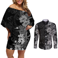 Hawaii Tropical Flowers Tribal Pattern Couples Matching Off Shoulder Short Dress and Long Sleeve Button Shirt Black Style LT9 Black - Polynesian Pride