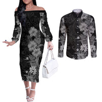 Hawaii Tropical Flowers Tribal Pattern Couples Matching Off The Shoulder Long Sleeve Dress and Long Sleeve Button Shirt Black Style LT9 Black - Polynesian Pride