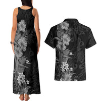 Hawaii Tropical Flowers Tribal Pattern Couples Matching Tank Maxi Dress and Hawaiian Shirt Black Style LT9 - Polynesian Pride