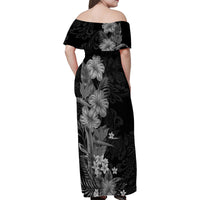 Hawaii Tropical Flowers Tribal Pattern Family Matching Off Shoulder Maxi Dress and Hawaiian Shirt Black Style LT9 - Polynesian Pride