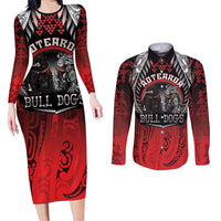 Aotearoa Bulldog Personalised Couples Matching Long Sleeve Bodycon Dress and Long Sleeve Button Shirt Maori Kowhaiwhai Motif LT9 Red - Polynesian Pride