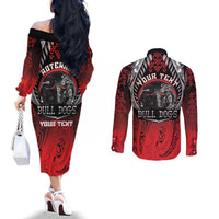 Aotearoa Bulldog Personalised Couples Matching Off The Shoulder Long Sleeve Dress and Long Sleeve Button Shirt Maori Kowhaiwhai Motif LT9 - Polynesian Pride