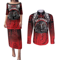Aotearoa Bulldog Personalised Couples Matching Puletasi and Long Sleeve Button Shirt Maori Kowhaiwhai Motif LT9 Red - Polynesian Pride