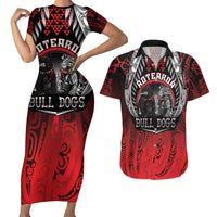 Aotearoa Bulldog Personalised Couples Matching Short Sleeve Bodycon Dress and Hawaiian Shirt Maori Kowhaiwhai Motif LT9 Red - Polynesian Pride