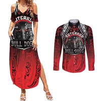 Aotearoa Bulldog Personalised Couples Matching Summer Maxi Dress and Long Sleeve Button Shirt Maori Kowhaiwhai Motif LT9 Red - Polynesian Pride