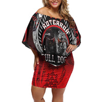 Aotearoa Bulldog Personalised Off Shoulder Short Dress Maori Kowhaiwhai Motif LT9 Women Red - Polynesian Pride