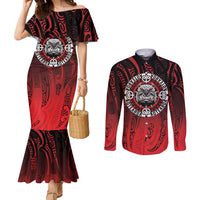 Aotearoa Bulldog Couples Matching Mermaid Dress and Long Sleeve Button Shirt New Zealand Kowhaiwhai Tribal LT9 Red - Polynesian Pride