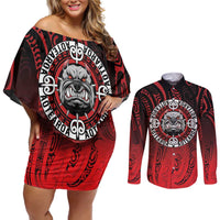 Aotearoa Bulldog Couples Matching Off Shoulder Short Dress and Long Sleeve Button Shirt New Zealand Kowhaiwhai Tribal LT9 Red - Polynesian Pride