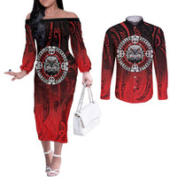 Aotearoa Bulldog Couples Matching Off The Shoulder Long Sleeve Dress and Long Sleeve Button Shirt New Zealand Kowhaiwhai Tribal LT9 Red - Polynesian Pride