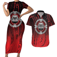 Aotearoa Bulldog Couples Matching Short Sleeve Bodycon Dress and Hawaiian Shirt New Zealand Kowhaiwhai Tribal LT9 Red - Polynesian Pride