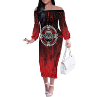 Aotearoa Bulldog Family Matching Off The Shoulder Long Sleeve Dress and Hawaiian Shirt New Zealand Kowhaiwhai Tribal LT9 Mom's Dress Red - Polynesian Pride