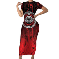 Aotearoa Bulldog Family Matching Short Sleeve Bodycon Dress and Hawaiian Shirt New Zealand Kowhaiwhai Tribal LT9 Mom's Dress Red - Polynesian Pride