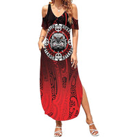 Aotearoa Bulldog Family Matching Summer Maxi Dress and Hawaiian Shirt New Zealand Kowhaiwhai Tribal LT9 Mom's Dress Red - Polynesian Pride