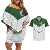 Custom New Zealand Maori Niho Taniwha Couples Matching Off Shoulder Short Dress and Hawaiian Shirt LT9 Green - Polynesian Pride