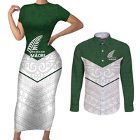 Custom New Zealand Maori Niho Taniwha Couples Matching Short Sleeve Bodycon Dress and Long Sleeve Button Shirt LT9 Green - Polynesian Pride