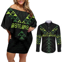 Custom New Zealand Maori Koru Koiri Motif Couples Matching Off Shoulder Short Dress and Long Sleeve Button Shirt LT9 Green - Polynesian Pride