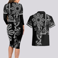 Filipino Sun Tribal Tattoo Couples Matching Long Sleeve Bodycon Dress and Hawaiian Shirt Philippines Inspired Barong Simple Black LT9 - Polynesian Pride