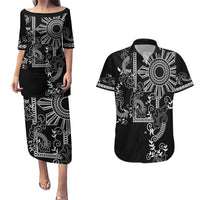 Filipino Sun Tribal Tattoo Couples Matching Puletasi and Hawaiian Shirt Philippines Inspired Barong Simple Black LT9 Black - Polynesian Pride