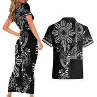 Filipino Sun Tribal Tattoo Couples Matching Short Sleeve Bodycon Dress and Hawaiian Shirt Philippines Inspired Barong Simple Black LT9 - Polynesian Pride