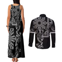 Filipino Sun Tribal Tattoo Couples Matching Tank Maxi Dress and Long Sleeve Button Shirt Philippines Inspired Barong Simple Black LT9 - Polynesian Pride