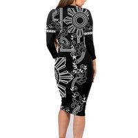 Filipino Sun Tribal Tattoo Family Matching Long Sleeve Bodycon Dress and Hawaiian Shirt Philippines Inspired Barong Simple Black LT9 - Polynesian Pride