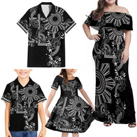 Filipino Sun Tribal Tattoo Family Matching Off Shoulder Maxi Dress and Hawaiian Shirt Philippines Inspired Barong Simple Black LT9 - Polynesian Pride