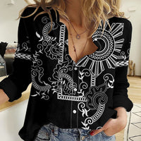 Filipino Sun Tribal Tattoo Women Casual Shirt Philippines Inspired Barong Simple Black LT9 Female Black - Polynesian Pride
