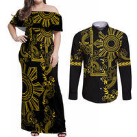 Filipino Sun Tribal Tattoo Couples Matching Off Shoulder Maxi Dress and Long Sleeve Button Shirt Philippines Inspired Barong Simple Gold LT9 Gold - Polynesian Pride