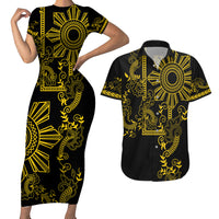 Filipino Sun Tribal Tattoo Couples Matching Short Sleeve Bodycon Dress and Hawaiian Shirt Philippines Inspired Barong Simple Gold LT9 Gold - Polynesian Pride
