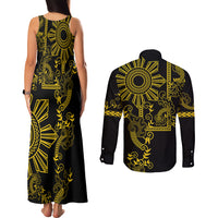 Filipino Sun Tribal Tattoo Couples Matching Tank Maxi Dress and Long Sleeve Button Shirt Philippines Inspired Barong Simple Gold LT9 - Polynesian Pride