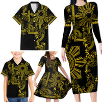 Filipino Sun Tribal Tattoo Family Matching Long Sleeve Bodycon Dress and Hawaiian Shirt Philippines Inspired Barong Simple Gold LT9 - Polynesian Pride