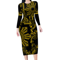 Filipino Sun Tribal Tattoo Family Matching Long Sleeve Bodycon Dress and Hawaiian Shirt Philippines Inspired Barong Simple Gold LT9 Mom's Dress Gold - Polynesian Pride