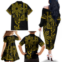 Filipino Sun Tribal Tattoo Family Matching Off The Shoulder Long Sleeve Dress and Hawaiian Shirt Philippines Inspired Barong Simple Gold LT9 - Polynesian Pride