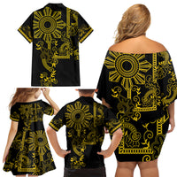 Filipino Sun Tribal Tattoo Family Matching Off Shoulder Short Dress and Hawaiian Shirt Philippines Inspired Barong Simple Gold LT9 - Polynesian Pride