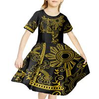 Filipino Sun Tribal Tattoo Kid Short Sleeve Dress Philippines Inspired Barong Simple Gold LT9 - Polynesian Pride