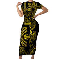 Filipino Sun Tribal Tattoo Short Sleeve Bodycon Dress Philippines Inspired Barong Simple Gold LT9 Long Dress Gold - Polynesian Pride