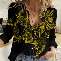 Filipino Sun Tribal Tattoo Women Casual Shirt Philippines Inspired Barong Simple Gold LT9 Female Gold - Polynesian Pride