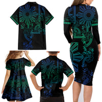 Filipino Sun Tribal Tattoo Family Matching Long Sleeve Bodycon Dress and Hawaiian Shirt Philippines Inspired Barong Blue Art LT9 - Polynesian Pride