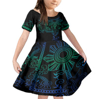 Filipino Sun Tribal Tattoo Family Matching Mermaid Dress and Hawaiian Shirt Philippines Inspired Barong Blue Art LT9 Daughter's Dress Blue - Polynesian Pride