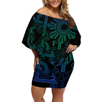Filipino Sun Tribal Tattoo Family Matching Off Shoulder Short Dress and Hawaiian Shirt Philippines Inspired Barong Blue Art LT9 Mom's Dress Blue - Polynesian Pride