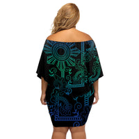 Filipino Sun Tribal Tattoo Family Matching Off Shoulder Short Dress and Hawaiian Shirt Philippines Inspired Barong Blue Art LT9 - Polynesian Pride