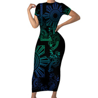 Filipino Sun Tribal Tattoo Family Matching Short Sleeve Bodycon Dress and Hawaiian Shirt Philippines Inspired Barong Blue Art LT9 Mom's Dress Blue - Polynesian Pride