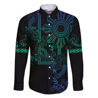 Filipino Sun Tribal Tattoo Family Matching Tank Maxi Dress and Hawaiian Shirt Philippines Inspired Barong Blue Art LT9 Dad's Shirt - Long Sleeve Blue - Polynesian Pride