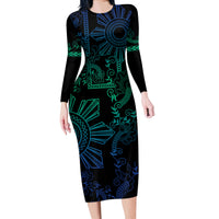 Filipino Sun Tribal Tattoo Long Sleeve Bodycon Dress Philippines Inspired Barong Blue Art LT9 Long Dress Blue - Polynesian Pride